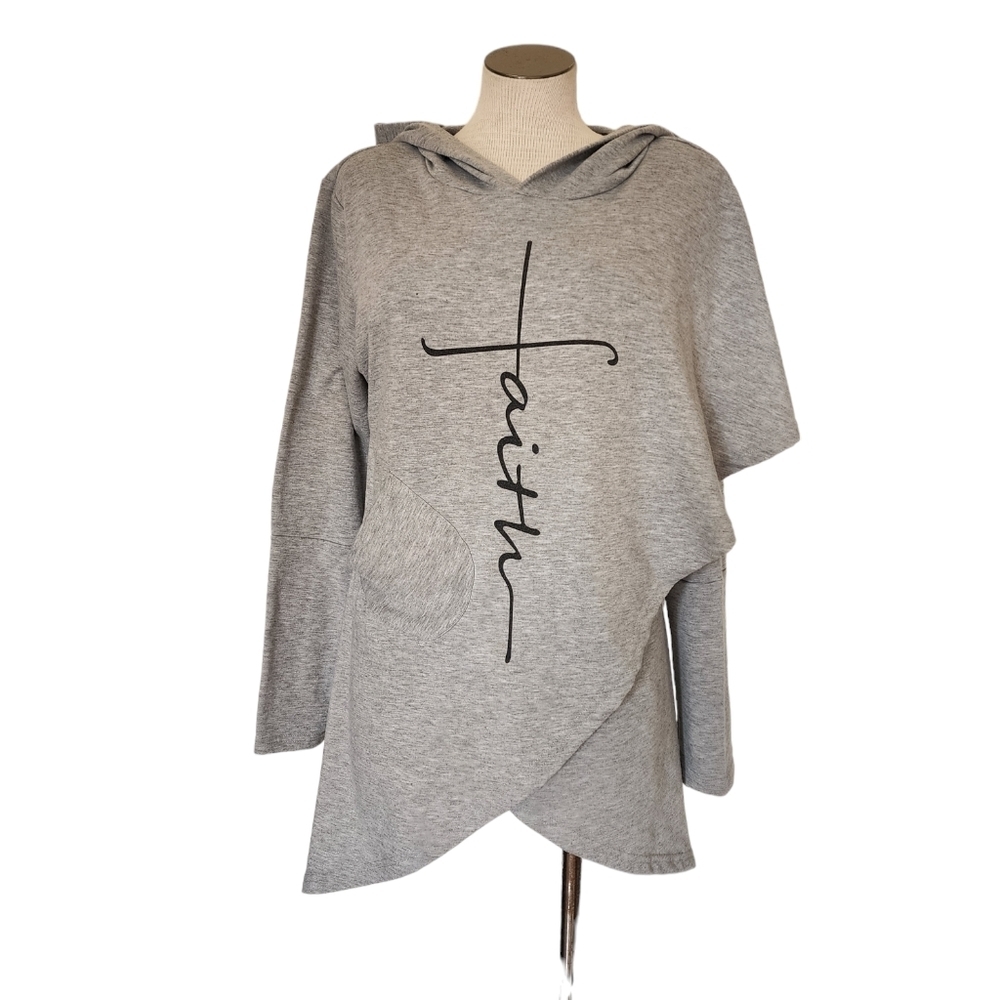 Gray Long Sleeve Graphic Letter Asymmetrical Hem Women's Hoddie Size M